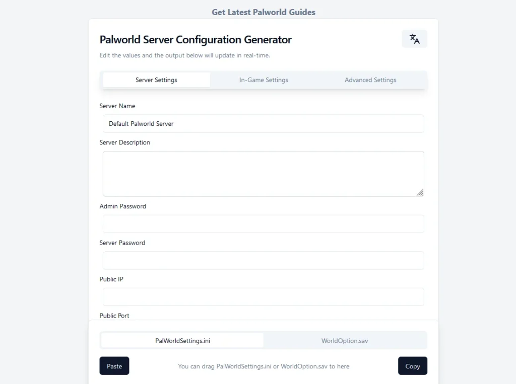 Palworld Server Configuration Generator